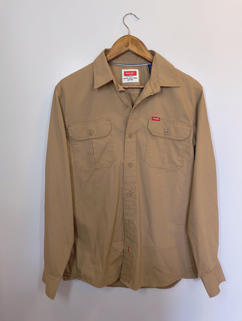 Wrangler Tan Long-Sleeve Button-Down Shirt, Size S